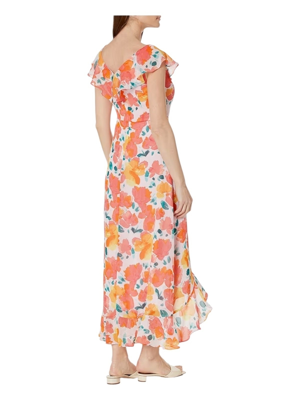 London Times Floral Ruffle Wrap High-Low Dress in Pink and Orange Size 12 Petite - Picture 2 of 8